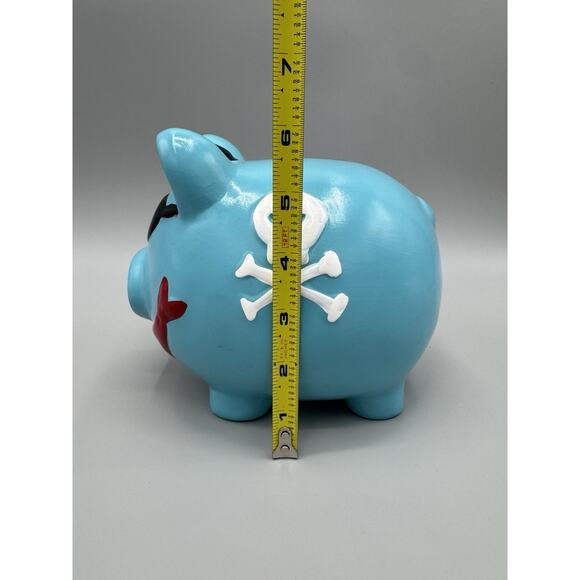 Pirate Pig Skull and Crossbones Piggy Bank Blue Black White Red 6” - Picture 6 of 11